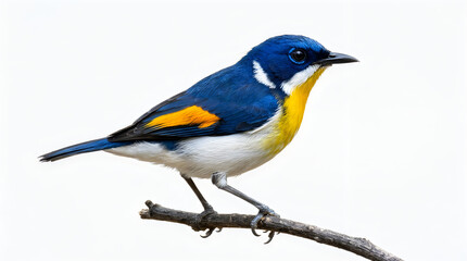Fototapeta premium Cute bird animal vivid blue and yellow fantail perched on branch