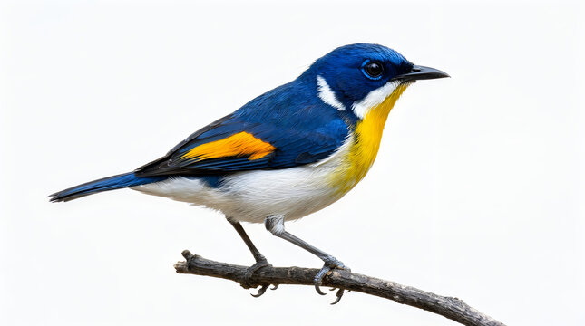 Cute bird animal vivid blue and yellow fantail perched on branch