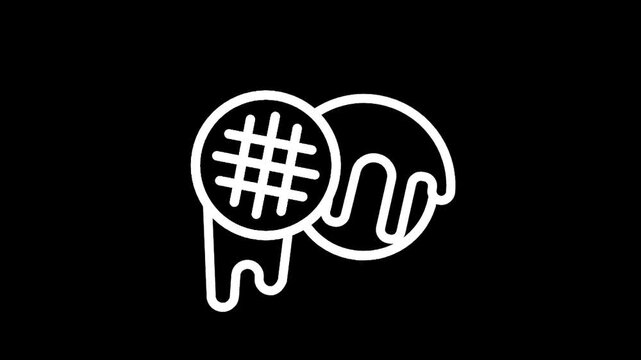 Simple white line icon of a waffle with dripping icing on a black background
