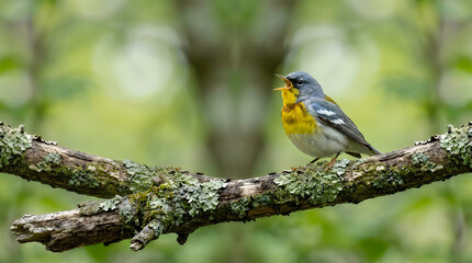 Obraz premium Cute bird animal vibrant cerulean warbler singing on branch wildlife photography