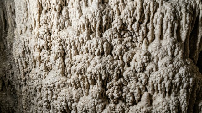 Close up of natural flowstone cave wall texture with limestone stalactite formations for geological background or abstract earth science wallpaper design