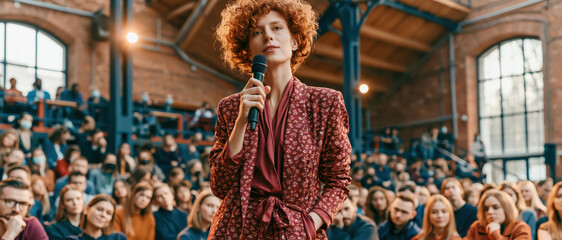 Fototapeta premium Redhead woman speaking with microphone in industrial hall before audience at business event
