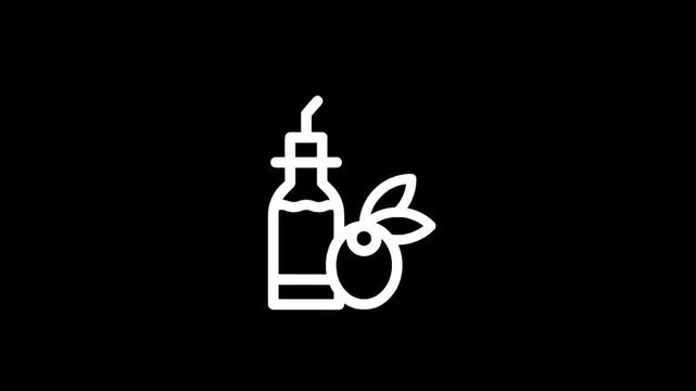 Simple white line icon of an olive oil bottle next to a ripe olive with leaves on a black background
