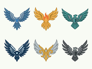 Fototapeta premium Set of six colorful stylized eagle emblems with wings spread in various colors and designs for logos or branding