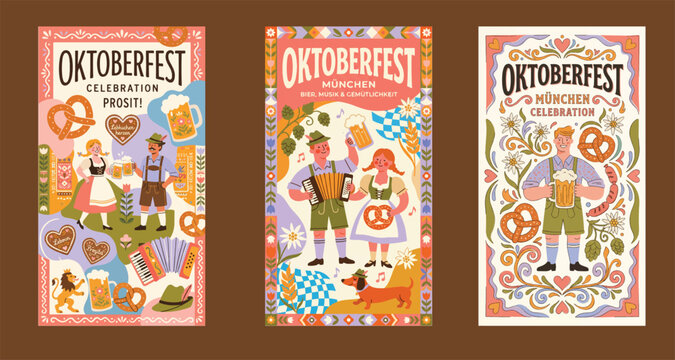 Oktoberfest celebration posters with colorful illustrations of people, beer, and traditional german food on festive backgrounds with text in german and english for munich event