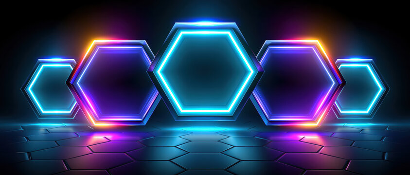 Neon hexagon light abstract background with glowing mesh floor and purple blue line