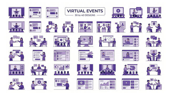 Virtual events and online meeting collaboration vector icon set with meetings collaboration conference connection communication technology internet presentation business workshop