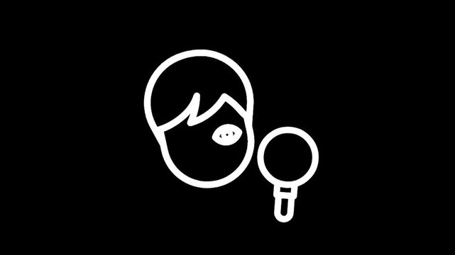 Simple line art icon of a person looking into a magnifying glass on a black background