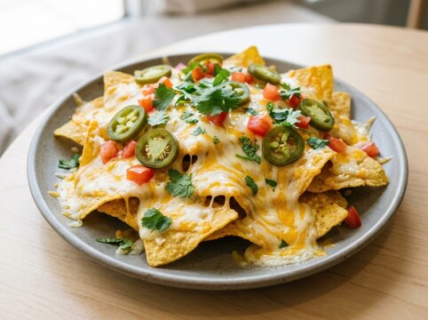Deliciously cheesy nachos topped with jalapenos, tomatoes, and cilantro served on a gray plate