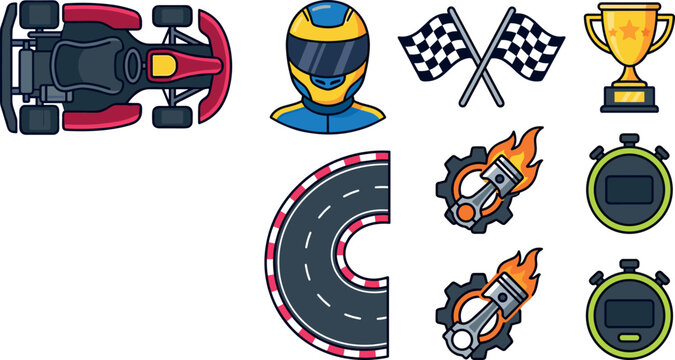Go Kart Racing Element Icon Set with Top View Vehicle Driver Helmet Trophy Track Checkered Flags Stopwatch and Flaming Pistons for Motorsport Designs