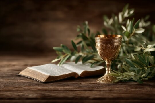 Golden chalice and open holy bible with olive branches on rustic wooden table for christian worship