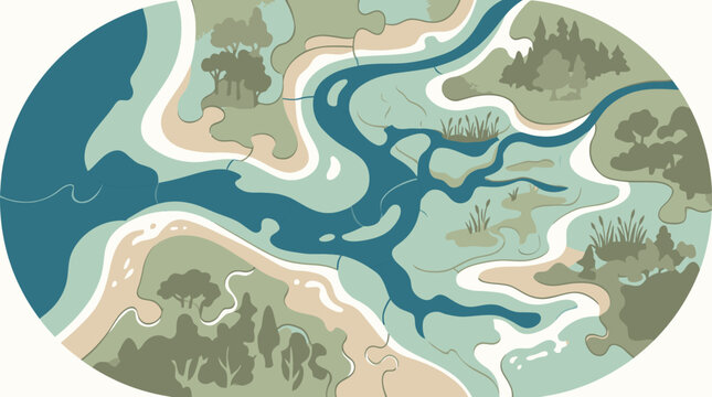 Aerial view of winding river delta channels and wetlands.