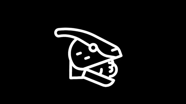 Stylized white line art icon of a Parasaurolophus dinosaur head on a black background