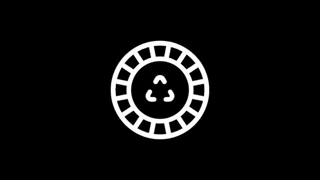 Recycling symbol inside a circular gear or cogwheel icon on black background