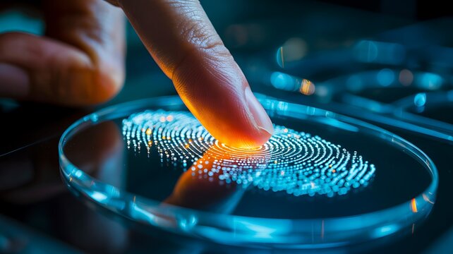 Fingerprint biometric authentication with glowing digital security technology interface