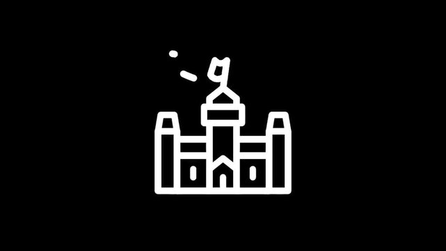 Stylized line art icon of a castle with a flag on top against a black background