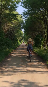 Woman riding bicycle on tree-lined dirt path in summer, vertical shot