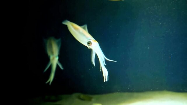 Group of small squid swimming in dark deep blue water