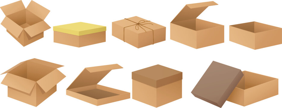 Realistic corrugated paper boxes set tied with string and rope for commercial shipping.Collection of various brown cardboard boxes isolated on a white background for packaging.