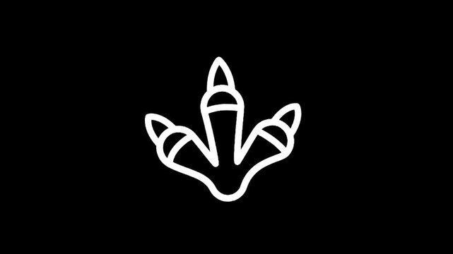 Simple white dinosaur footprint icon on a black background, minimalist design