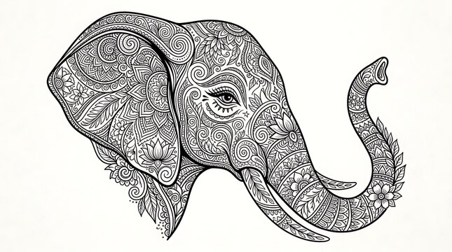 Intricately Decorated Elephant Head Outline black and white
