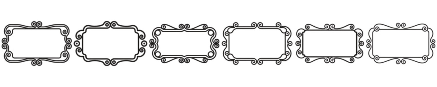 Set of rectangular ornamental frames with corner swirls.