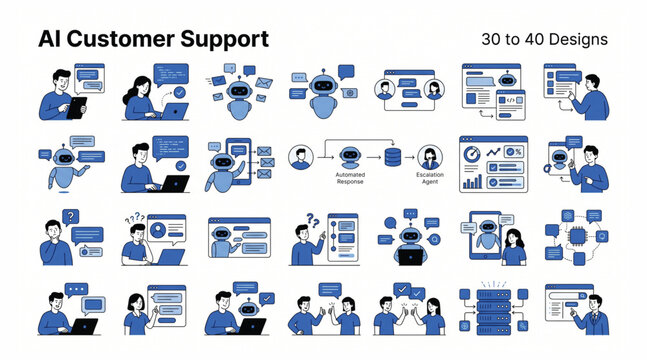 Ai customer support and virtual assistant vector icon set for modern help desk solutions with customer assistant helpdesk automated technology communication learning solution technical