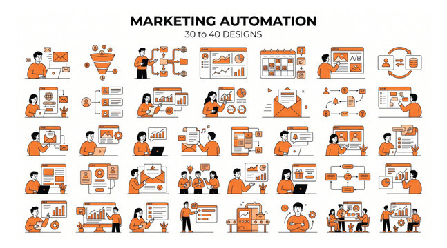 Marketing automation and digital business growth vector icon set for strategy and sales management with marketing automation business strategy analytics conversion advertising customer