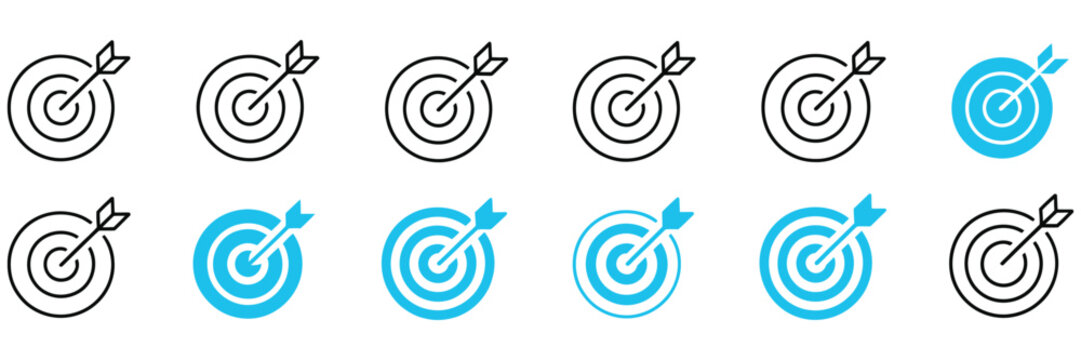 Target with arrow icon set, line and glyph dartboard aim symbols for goal achievement, accuracy, focus and business strategy vector illustration.