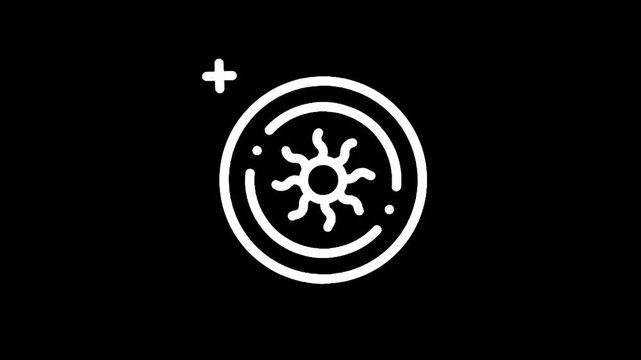 Stylized sun icon with radiating rays inside a circular frame on black background