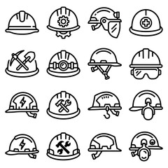 Fototapeta premium Minimalist black hard hat and safety helmet icon for construction and industrial protection during site work on white background.