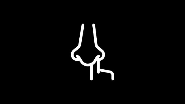 Minimalist white line drawing of a nose with a dripping snot on a black background