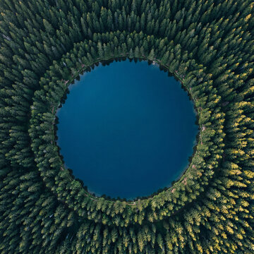 Beautiful perfectly round lake completely surrounded by a dense ring of dark green pine trees
