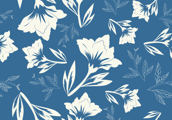 Tropical seamless pattern featuring blue flowers and lush tropical leaves inspired by Hawaiian botanical landscapes. Decorative design suitable for wallpaper, fabric, textile, packaging © Kidayut
