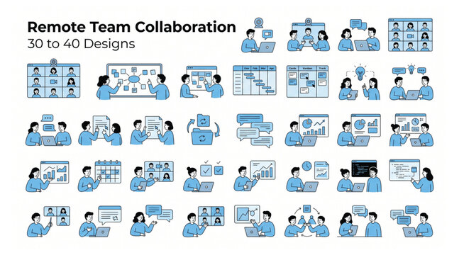 Remote team collaboration vector icon pack featuring virtual meeting tools project management and online communication concepts collaboration communication business management conference
