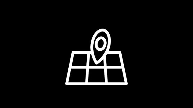 Simple white map pin icon on a grid representing a map on a black background