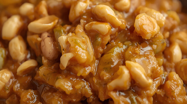 Close-up view of a savory dish with peanuts and sauce on a plate