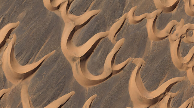 Crescent Shaped Barchan Dunes Migrate Across Dark Gravel Desert Pavement Arid Environment Geology Photo Art
