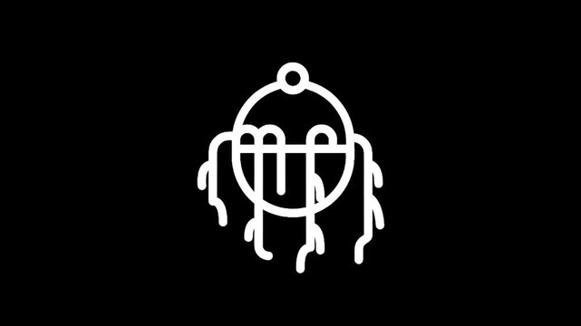 Minimalist white line art icon of a dreamcatcher on a black background