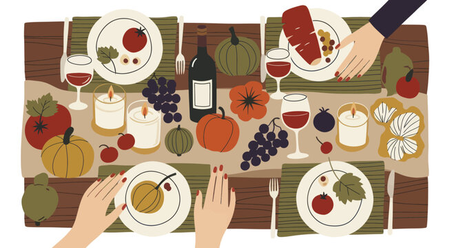 Thanksgiving Dinner Table Setting with Food and Drinks.