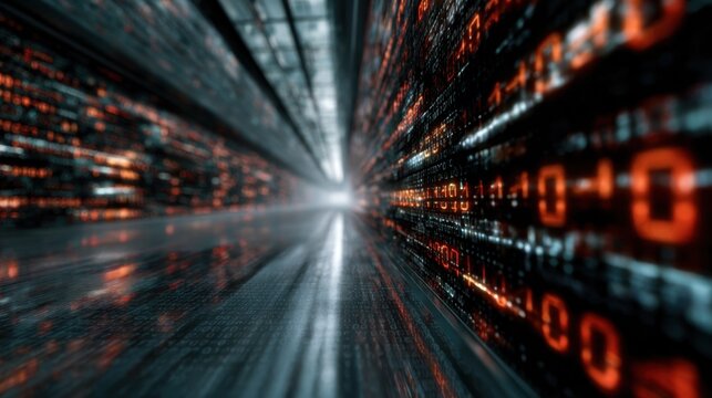 Abstract representation of digital data stream with glowing binary code displaying zeros and ones on dark background creating futuristic tunnel effect