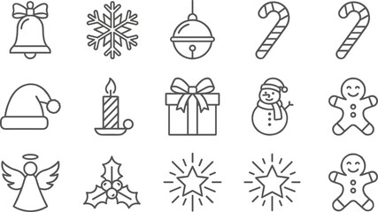 Obraz premium Christmas Holiday Vector Line Icon Set Featuring Snowman Gingerbread Man Bell Candle Snowflake Gift Angel