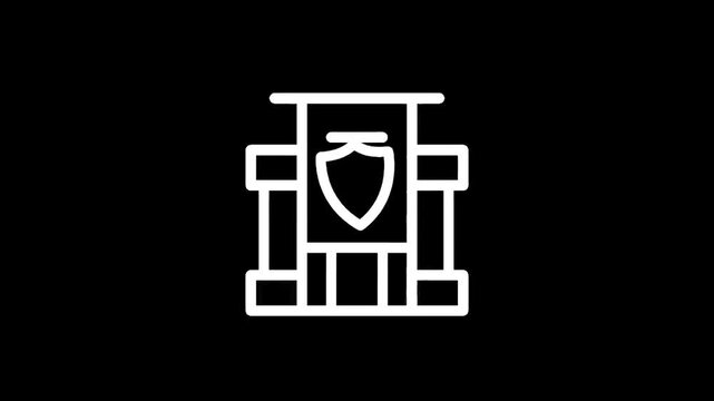 White outline icon of a security checkpoint with a shield symbol on a black background