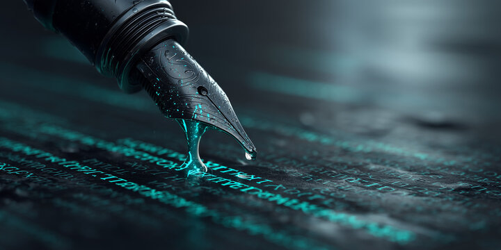 Close up of a fountain pen with ink droplet on a dark surface featuring code like text symbolizing generative ai and creative applications