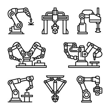 Black Silhouette of a Robotic Arm for Industrial Automation and Factory Robot Tasks with a Mechanical Claw for Manufacturing Process Work