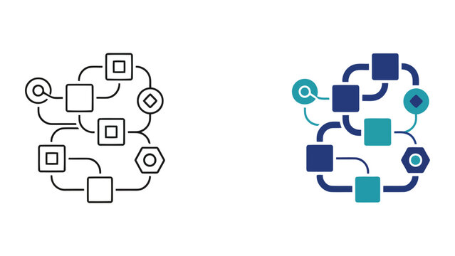 Blockchain and data connection flow icon set with geometric nodes for decentralized network and distributed ledger technology concepts