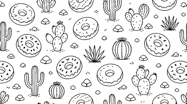 Whimsical cactus and donut pattern illustration.