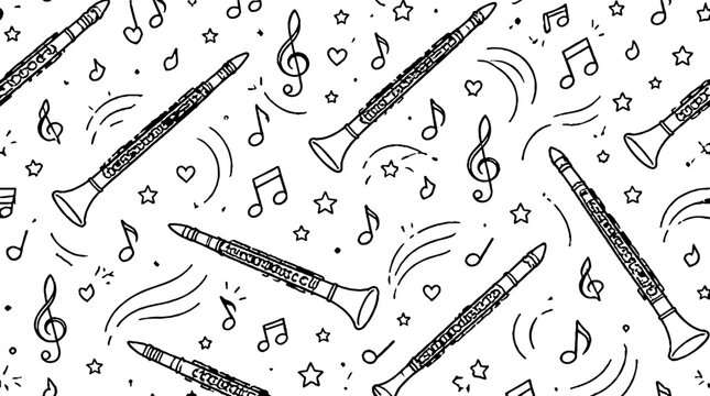 Musical Notes and Clarinets in Black and White Pattern.