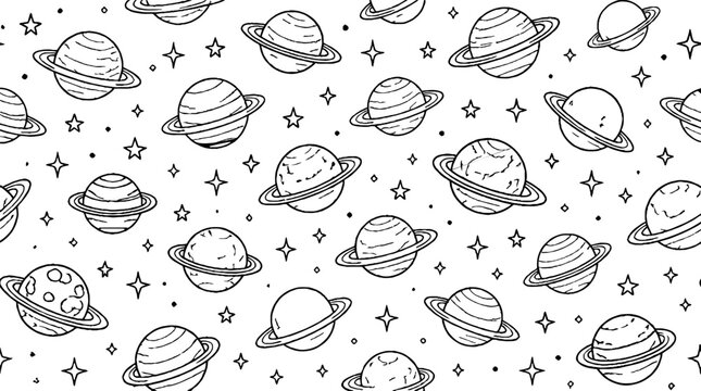 Detailed line art of planets and stars pattern.