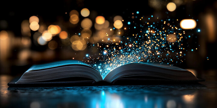 An enchanted book with sparkling lights emitting from its pages symbolizing creativity and imagination in a modern digital age